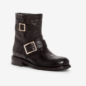 Jimmy Choo Black Leather Biker Moto Double Buckle Ankle Boots